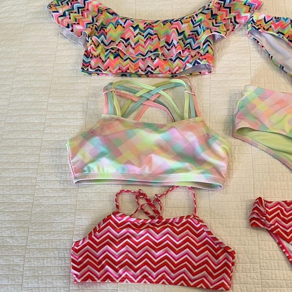 Bikini Sz 14 Girls 2 piece Bathing-suit lot of 3 new and like new chevron pastel